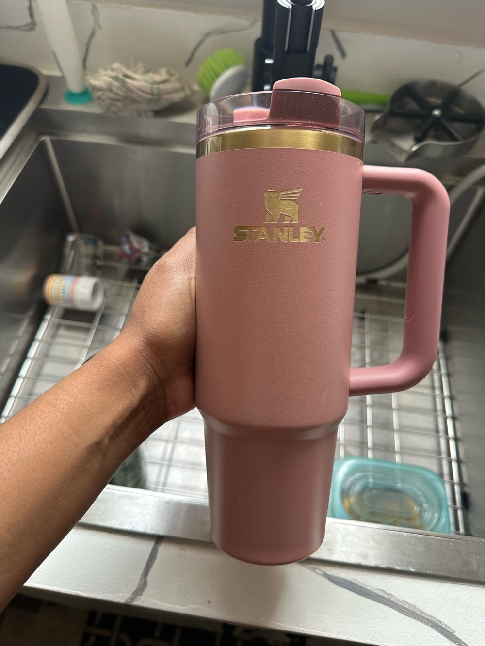 Stanley Rose Pink Travel Mug with Gold Accent and Handle